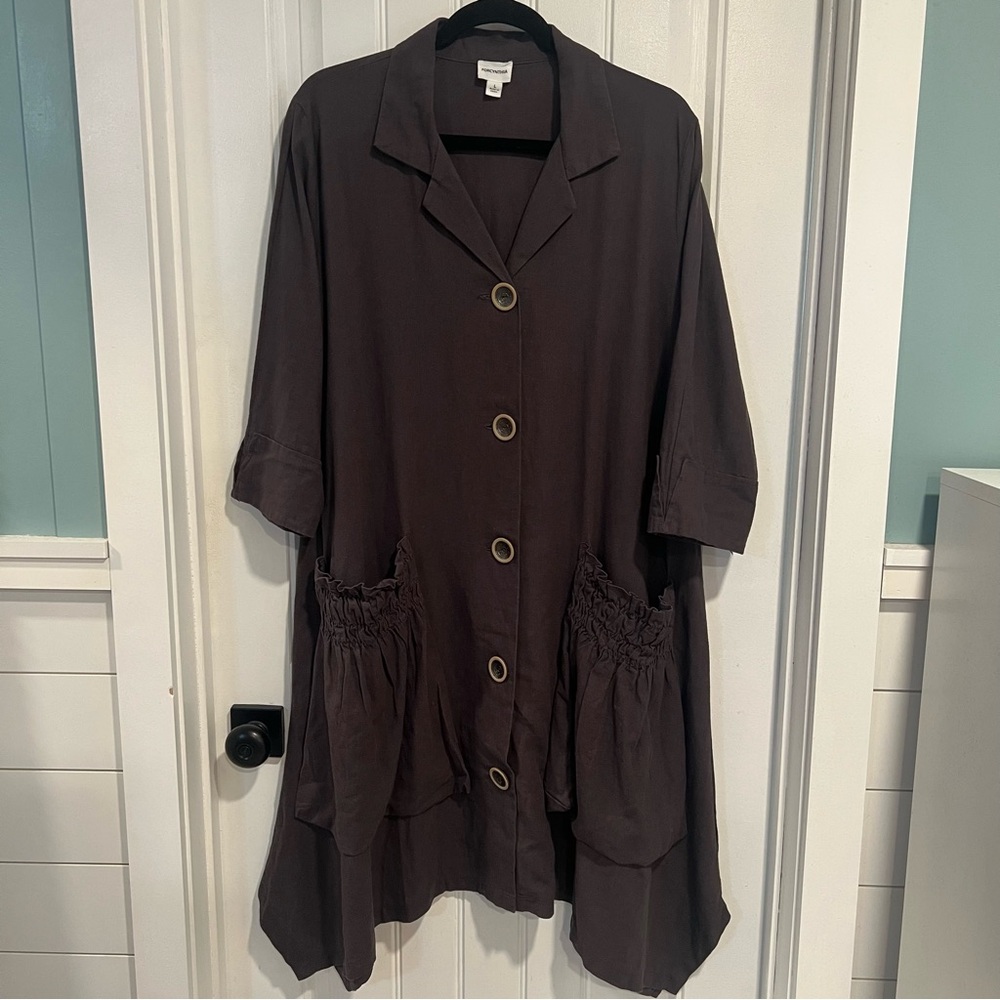 For Cynthia Coffee Brown Lagenlook Linen Blend Button Up Dress. Large. NWT.
